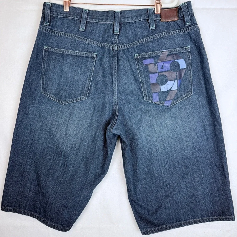Vintage Y2K Sean John Mens 38 Baggy Denim Jorts Hong Kong Graphic Pocket Shorts